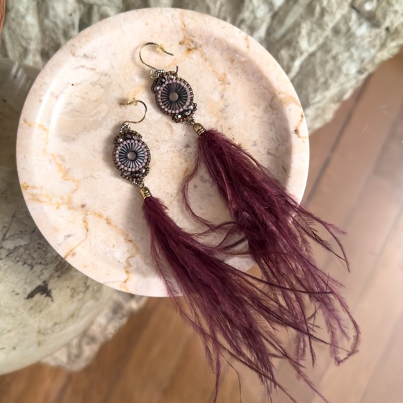 Anthropologie Jewelry - Anthropologie Art Deco Purple Feather & Beaded Statement Dangle Earrings